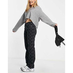 Mango Jeans Womens 8‎ Straight Leg Check Checkered Denim Black Gray